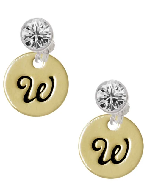 Gold-tone Large Disc Letter - W - Crystal Clip on Earrings: Color Choice - Red, Green, Blue, Purple, Pink, Clear, Black