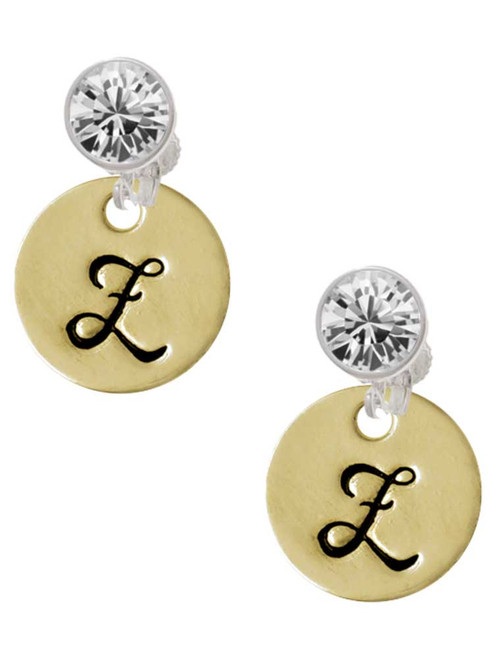Gold-tone Large Disc Letter - Z - Crystal Clip on Earrings: Color Choice - Red, Green, Blue, Purple, Pink, Clear, Black
