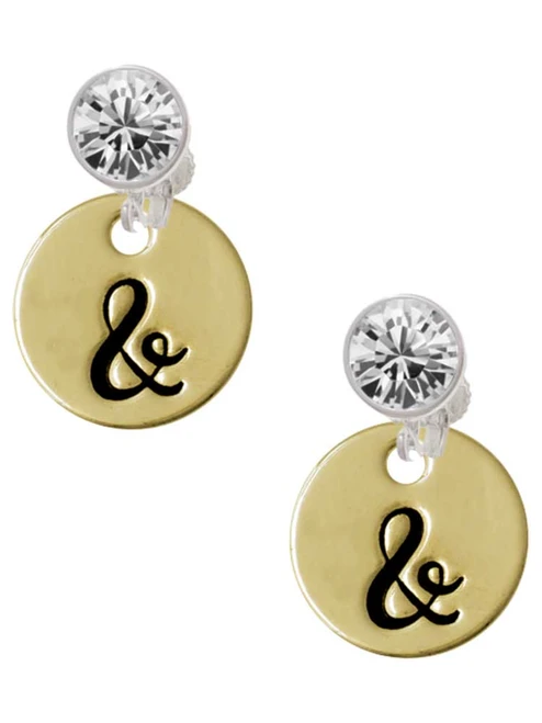 Gold-tone Large Disc Letter - & - Crystal Clip on Earrings: Color Choice - Red, Green, Blue, Purple, Pink, Clear, Black