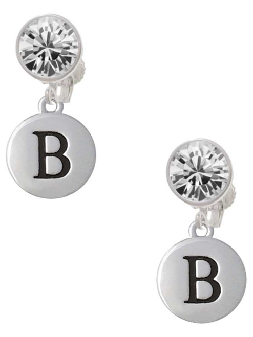 Silver Plated Capital Letter - B - Pebble Disc - Crystal Clip on Earrings: Color Choice - Red, Green, Blue, Purple, Pink, Clear, Black