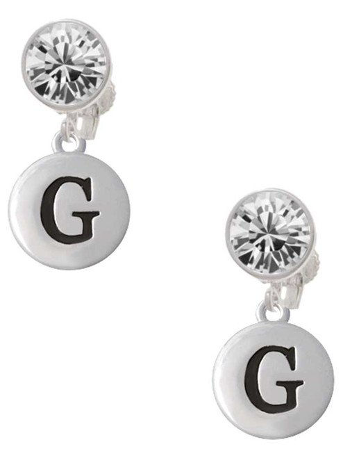 Silver Plated Capital Letter - G - Pebble Disc - Crystal Clip on Earrings: Color Choice - Red, Green, Blue, Purple, Pink, Clear, Black