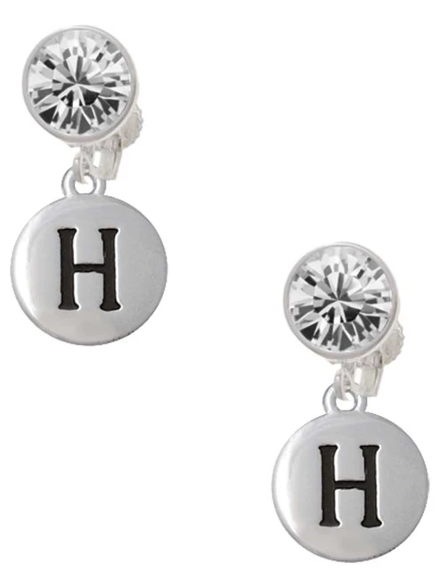 Silver Plated Capital Letter - H - Pebble Disc - Crystal Clip on Earrings: Color Choice - Red, Green, Blue, Purple, Pink, Clear, Black