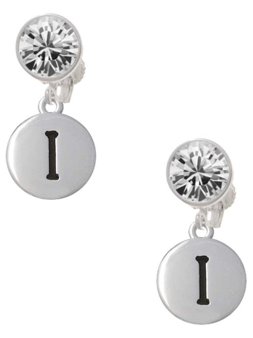 Silver Plated Capital Letter - I - Pebble Disc - Crystal Clip on Earrings: Color Choice - Red, Green, Blue, Purple, Pink, Clear, Black