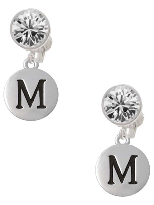 Silver Plated Capital Letter - M - Pebble Disc - Crystal Clip on Earrings: Color Choice - Red, Green, Blue, Purple, Pink, Clear, Black
