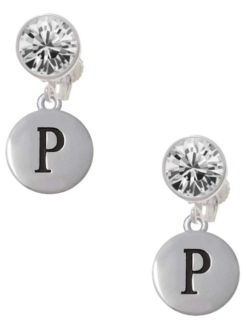 Silver Plated Capital Letter - P - Pebble Disc - Crystal Clip on Earrings: Color Choice - Red, Green, Blue, Purple, Pink, Clear, Black