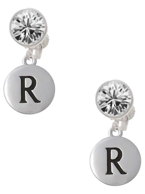 Silver Plated Capital Letter - R - Pebble Disc - Crystal Clip on Earrings: Color Choice - Red, Green, Blue, Purple, Pink, Clear, Black