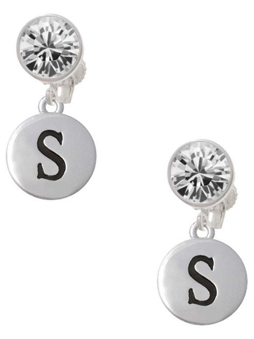 Silver Plated Capital Letter - S - Pebble Disc - Crystal Clip on Earrings: Color Choice - Red, Green, Blue, Purple, Pink, Clear, Black