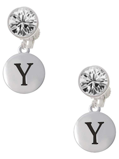 Silver Plated Capital Letter - Y - Pebble Disc - Crystal Clip on Earrings: Color Choice - Red, Green, Blue, Purple, Pink, Clear, Black
