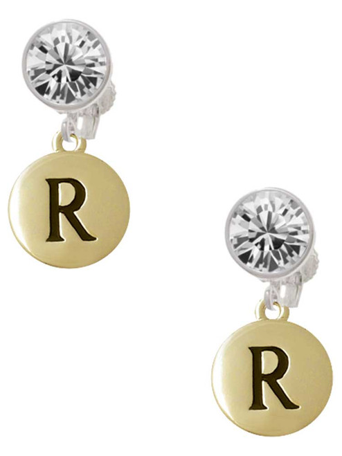 Gold-tone Capital Letter - R - Pebble Disc - Crystal Clip on Earrings: Color Choice - Red, Green, Blue, Purple, Pink, Clear, Black