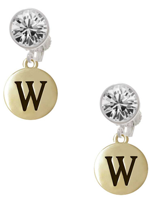 Gold-tone Capital Letter - W - Pebble Disc - Crystal Clip on Earrings: Color Choice - Red, Green, Blue, Purple, Pink, Clear, Black