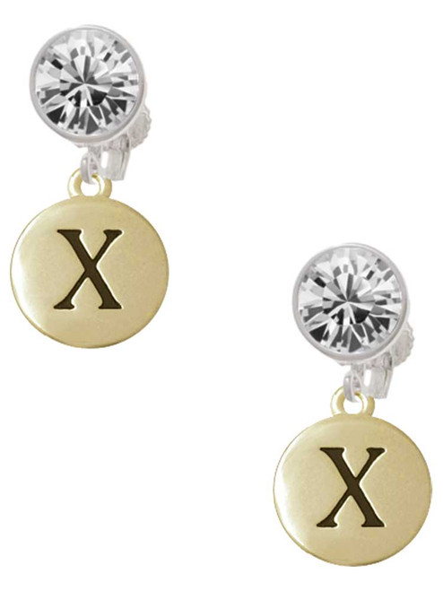 Gold-tone Capital Letter - X - Pebble Disc - Crystal Clip on Earrings: Color Choice - Red, Green, Blue, Purple, Pink, Clear, Black