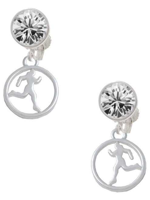 Runner Silhouette in 1/2'' Disc - Crystal Clip on Earrings: Color Choice - Red, Green, Blue, Purple, Pink, Clear, Black
