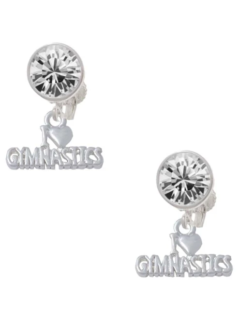 I 'Heart' Gymnastics - Crystal Clip on Earrings: Color Choice - Red, Green, Blue, Purple, Pink, Clear, Black