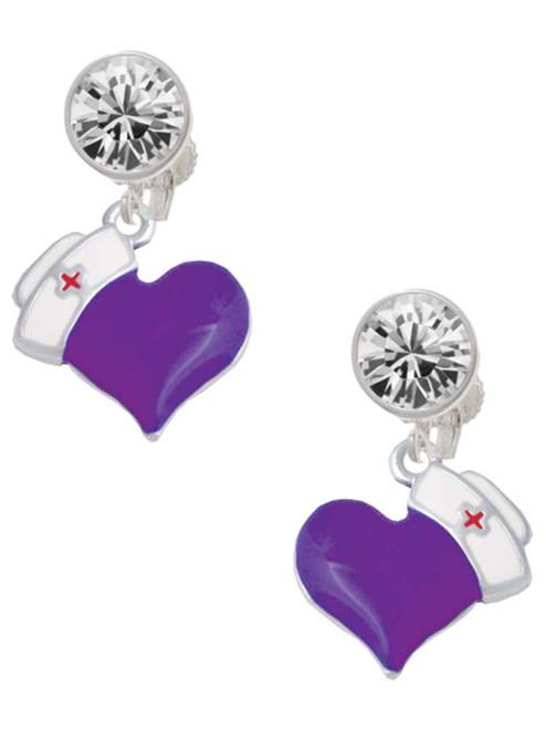 Silver Plated Purple Heart with Nurse Hat - Crystal Clip on Earrings: Color Choice - Red, Green, Blue, Purple, Pink, Clear, Black
