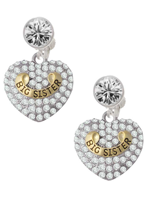 Two-tone Big Sister Rock on Clear Crystal Heart - Crystal Clip on Earrings: Color Choice - Red, Green, Blue, Purple, Pink, Clear, Black