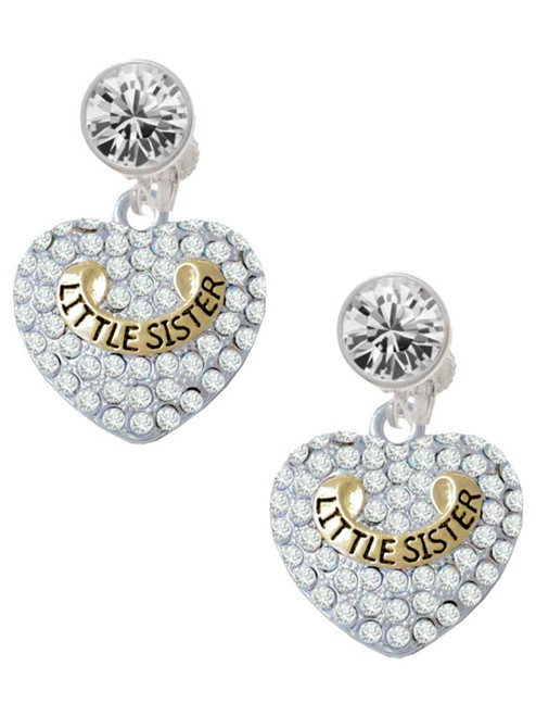Two-tone Little Sister Rock on Clear Crystal Heart - Crystal Clip on Earrings: Color Choice - Red, Green, Blue, Purple, Pink, Clear, Black