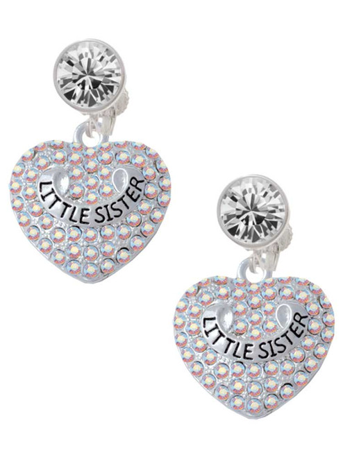 Silver Plated Little Sister on AB Crystal Heart - Crystal Clip on Earrings: Color Choice - Red, Green, Blue, Purple, Pink, Clear, Black