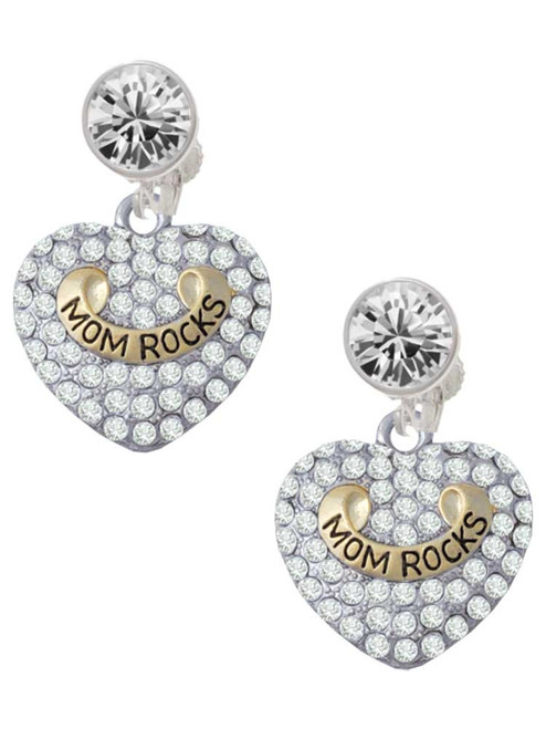 Two-tone 'Mom Rocks' on Clear Crystal Heart - Crystal Clip on Earrings: Color Choice - Red, Green, Blue, Purple, Pink, Clear, Black