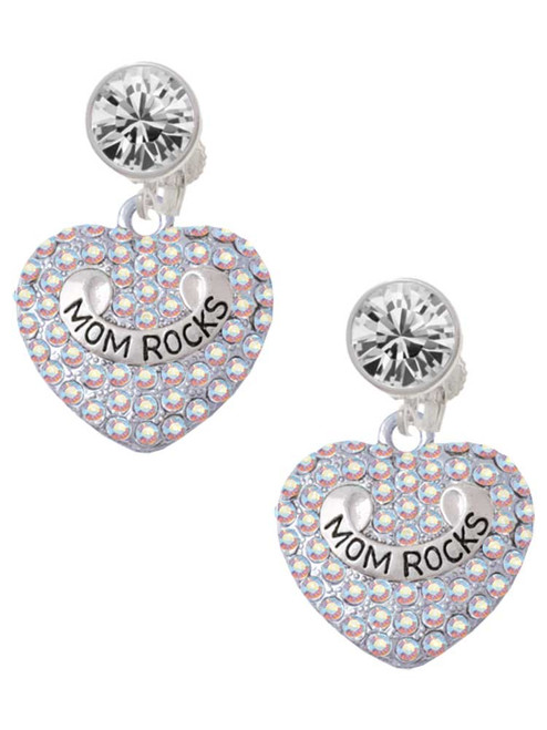 Silver Plated Mom Rocks on AB Crystal Heart - Crystal Clip on Earrings: Color Choice - Red, Green, Blue, Purple, Pink, Clear, Black