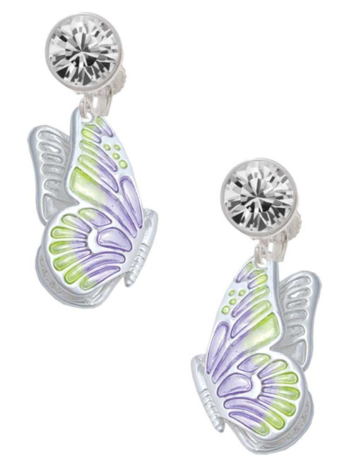 Silver Plated Large Translucent Purple & Lime Green Flying Butterfly - Crystal Clip on Earrings: Color Choice - Red, Green, Blue, Purple, Pink, Clear, Black
