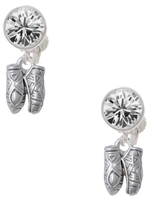 Silver Plated Small Ballet Slippers - Crystal Clip on Earrings: Color Choice - Red, Green, Blue, Purple, Pink, Clear, Black