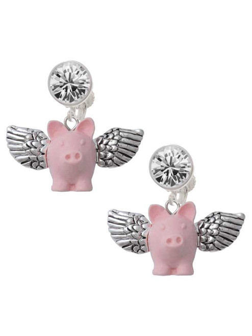 Pink Flying Pig with Wings - Crystal Clip on Earrings: Color Choice - Red, Green, Blue, Purple, Pink, Clear, Black