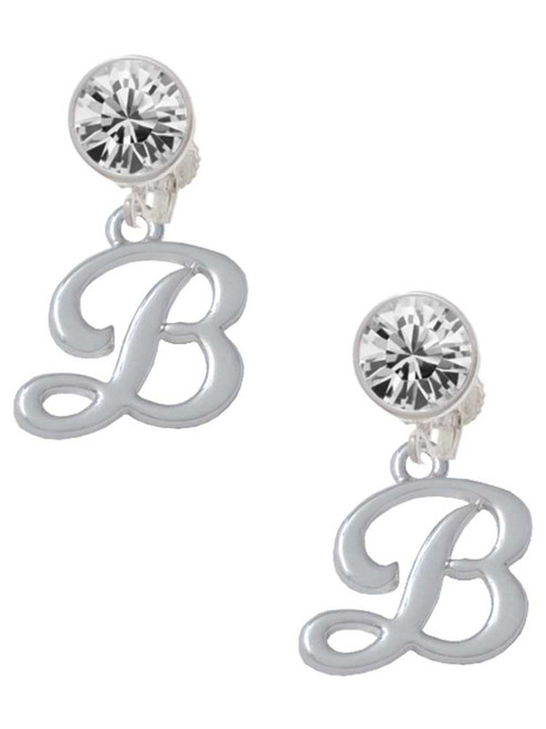 Silver Plated Small Gelato Script Initial - B - Crystal Clip on Earrings: Color Choice - Red, Green, Blue, Purple, Pink, Clear, Black