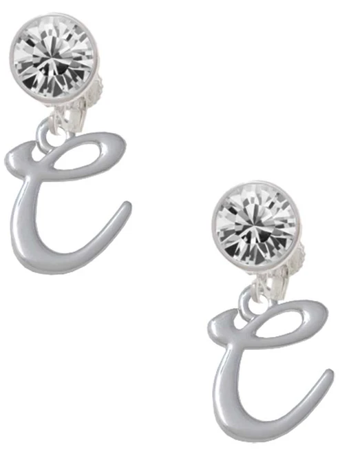 Silver Plated Small Gelato Script Initial - C - Crystal Clip on Earrings: Color Choice - Red, Green, Blue, Purple, Pink, Clear, Black