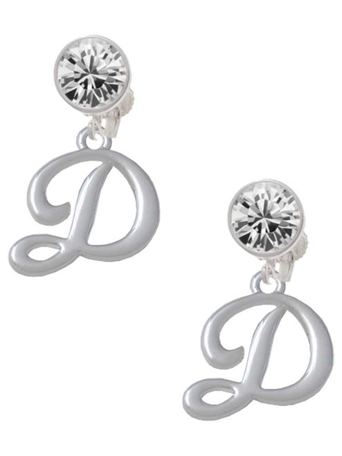 Silver Plated Small Gelato Script Initial - D - Crystal Clip on Earrings: Color Choice - Red, Green, Blue, Purple, Pink, Clear, Black