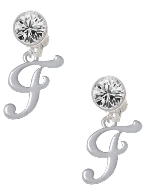 Silver Plated Small Gelato Script Initial - F - Crystal Clip on Earrings: Color Choice - Red, Green, Blue, Purple, Pink, Clear, Black