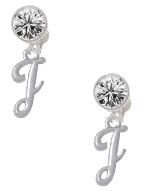 Silver Plated Small Gelato Script Initial - J - Crystal Clip on Earrings: Color Choice - Red, Green, Blue, Purple, Pink, Clear, Black