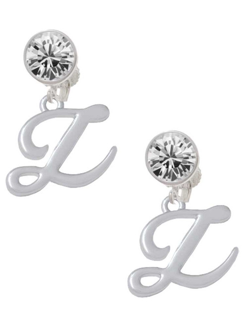 Silver Plated Small Gelato Script Initial - Z - Crystal Clip on Earrings: Color Choice - Red, Green, Blue, Purple, Pink, Clear, Black