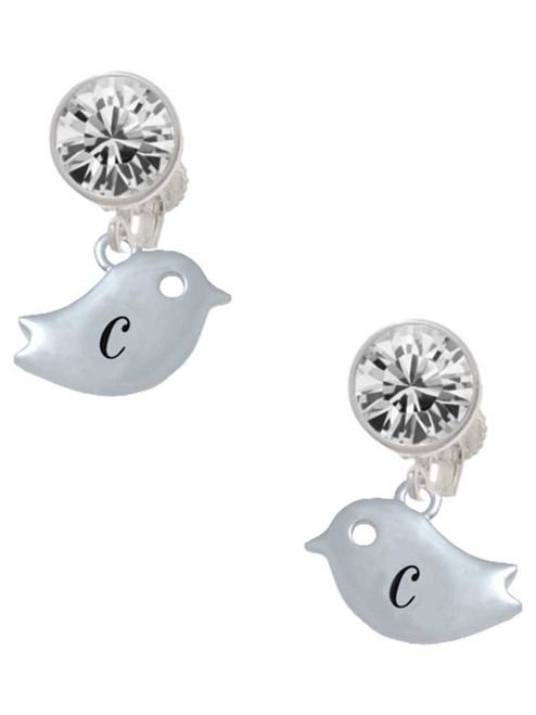 Silver Plated Little Bird Initial - C - Crystal Clip on Earrings: Color Choice - Red, Green, Blue, Purple, Pink, Clear, Black