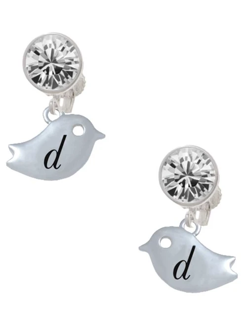 Silver Plated Little Bird Initial - D - Crystal Clip on Earrings: Color Choice - Red, Green, Blue, Purple, Pink, Clear, Black