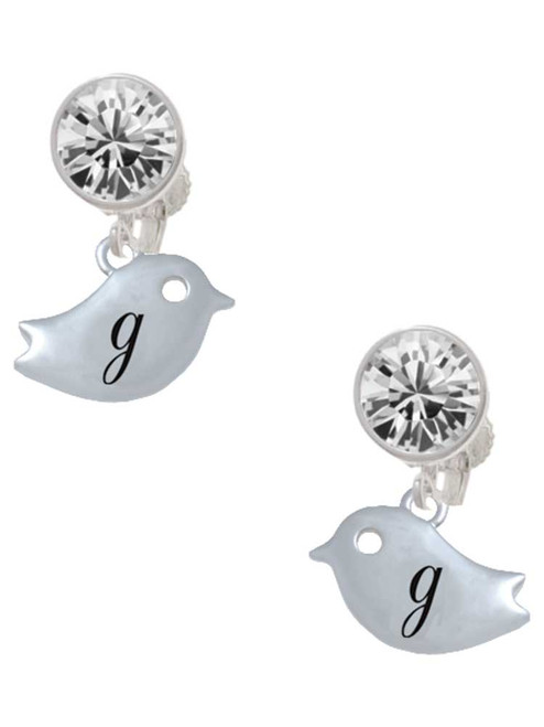 Silver Plated Little Bird Initial - G - Crystal Clip on Earrings: Color Choice - Red, Green, Blue, Purple, Pink, Clear, Black