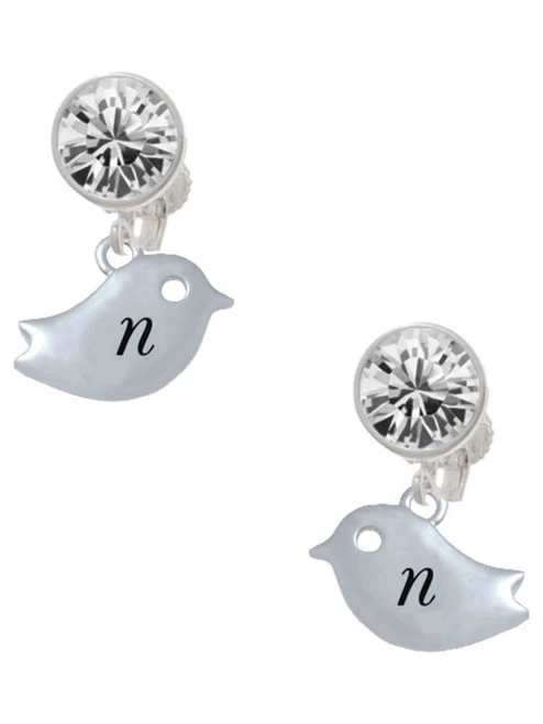 Silver Plated Little Bird Initial - N - Crystal Clip on Earrings: Color Choice - Red, Green, Blue, Purple, Pink, Clear, Black