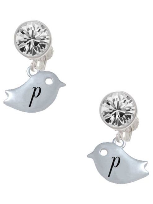 Silver Plated Little Bird Initial - P - Crystal Clip on Earrings: Color Choice - Red, Green, Blue, Purple, Pink, Clear, Black