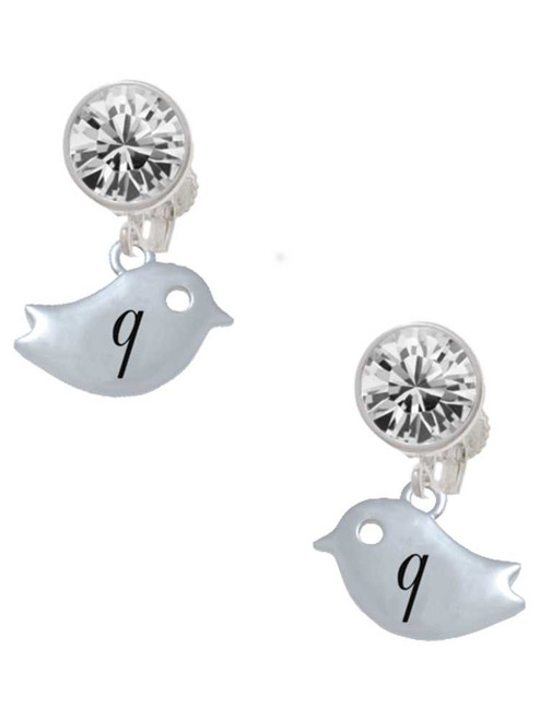 Silver Plated Little Bird Initial - Q - Crystal Clip on Earrings: Color Choice - Red, Green, Blue, Purple, Pink, Clear, Black
