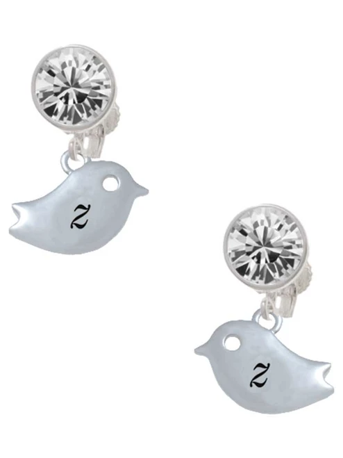 Silver Plated Little Bird Initial - Z - Crystal Clip on Earrings: Color Choice - Red, Green, Blue, Purple, Pink, Clear, Black