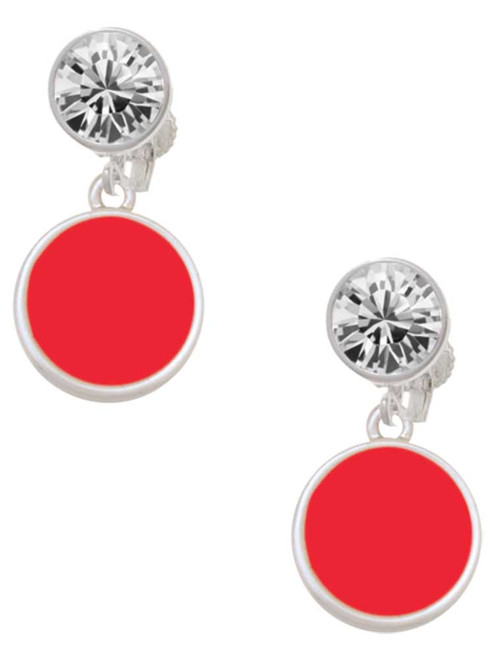 Silver Plated Small Red Enamel Disc - Crystal Clip on Earrings: Color Choice - Red, Green, Blue, Purple, Pink, Clear, Black