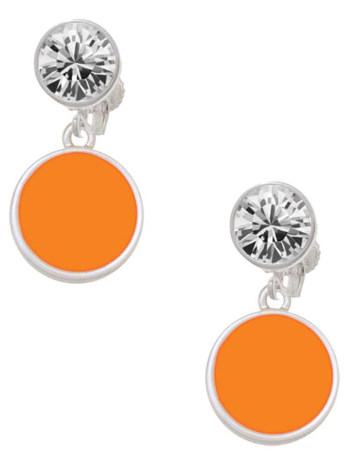 Silver Plated Small Orange Enamel Disc - Crystal Clip on Earrings: Color Choice - Red, Green, Blue, Purple, Pink, Clear, Black