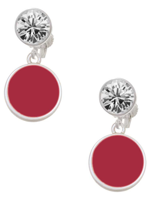 Silver Plated Small Maroon Enamel Disc - Crystal Clip on Earrings: Color Choice - Red, Green, Blue, Purple, Pink, Clear, Black