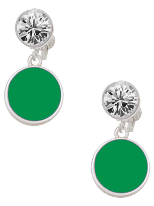 Silver Plated Small Green Enamel Disc - Crystal Clip on Earrings: Color Choice - Red, Green, Blue, Purple, Pink, Clear, Black