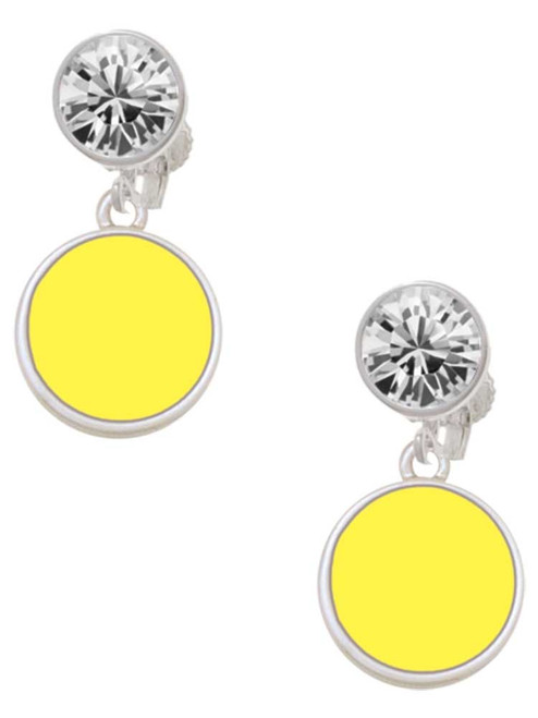 Silver Plated Small Yellow Enamel Disc - Crystal Clip on Earrings: Color Choice - Red, Green, Blue, Purple, Pink, Clear, Black