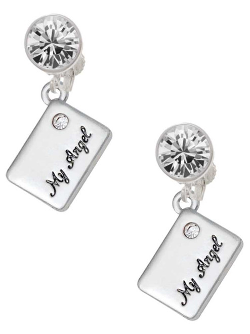 Silver Plated My Angel Envelope - Crystal Clip on Earrings: Color Choice - Red, Green, Blue, Purple, Pink, Clear, Black