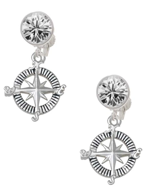 Silver Plated Compass - Crystal Clip on Earrings: Color Choice - Red, Green, Blue, Purple, Pink, Clear, Black