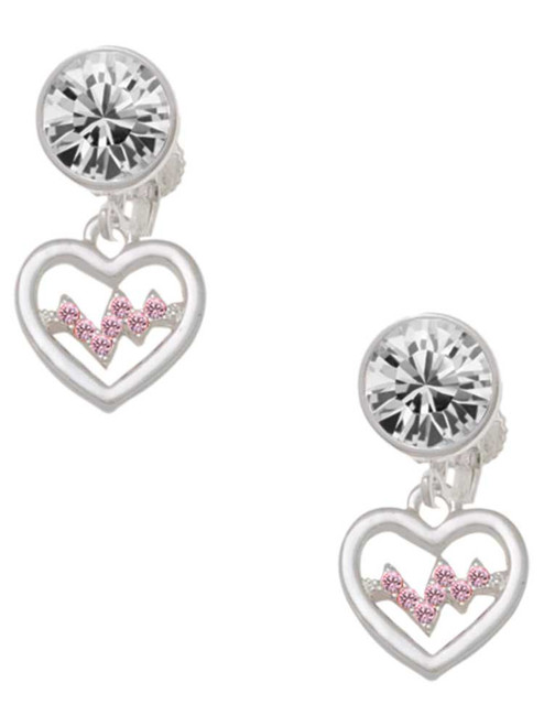 Silver Plated Heart with Pink Crystal Heartbeat - Crystal Clip on Earrings: Color Choice - Red, Green, Blue, Purple, Pink, Clear, Black