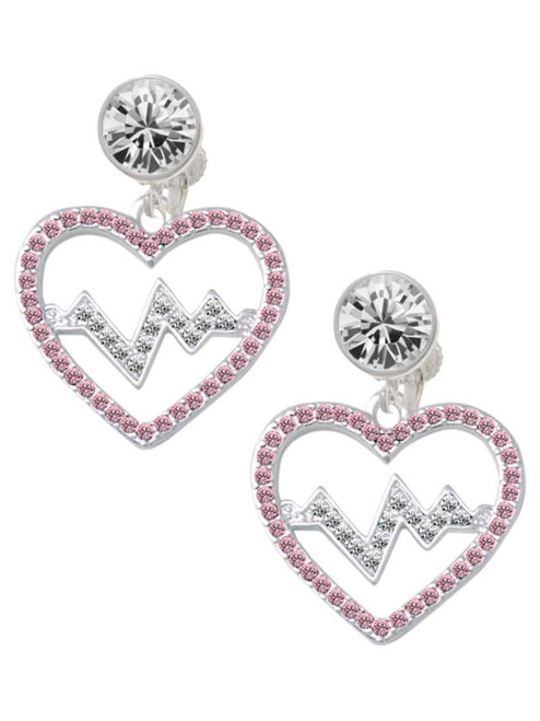 Silver Plated Large Pink Crystal Heart with Clear Heartbeat - Crystal Clip on Earrings: Color Choice - Red, Green, Blue, Purple, Pink, Clear, Black