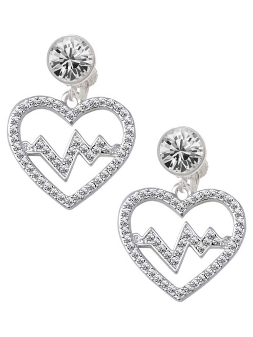 Silver Plated Large Clear Crystal Heart with Heartbeat - Crystal Clip on Earrings: Color Choice - Red, Green, Blue, Purple, Pink, Clear, Black