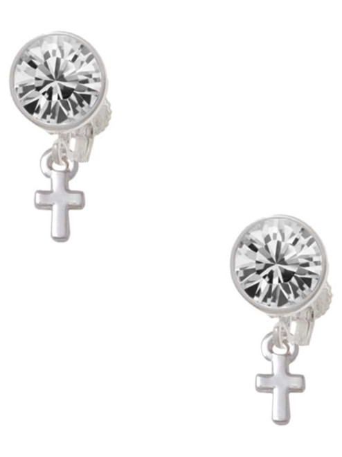 Silver Plated Super Mini Simple Cross - Crystal Clip on Earrings: Color Choice - Red, Green, Blue, Purple, Pink, Clear, Black